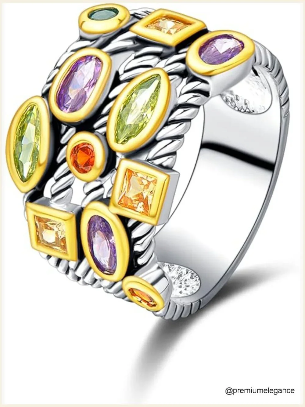 Twisted Cable Wire Multi CZ Statement Ring Silver Gold